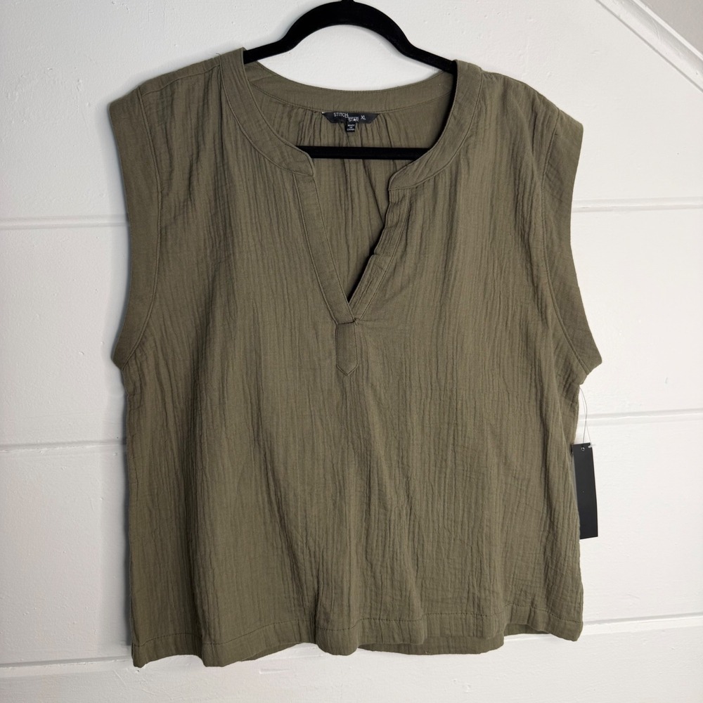 Stitch Star XL Green Cotton Sleeveless Tank Top V Neck Granola Girl NEW - Picture 2 of 6